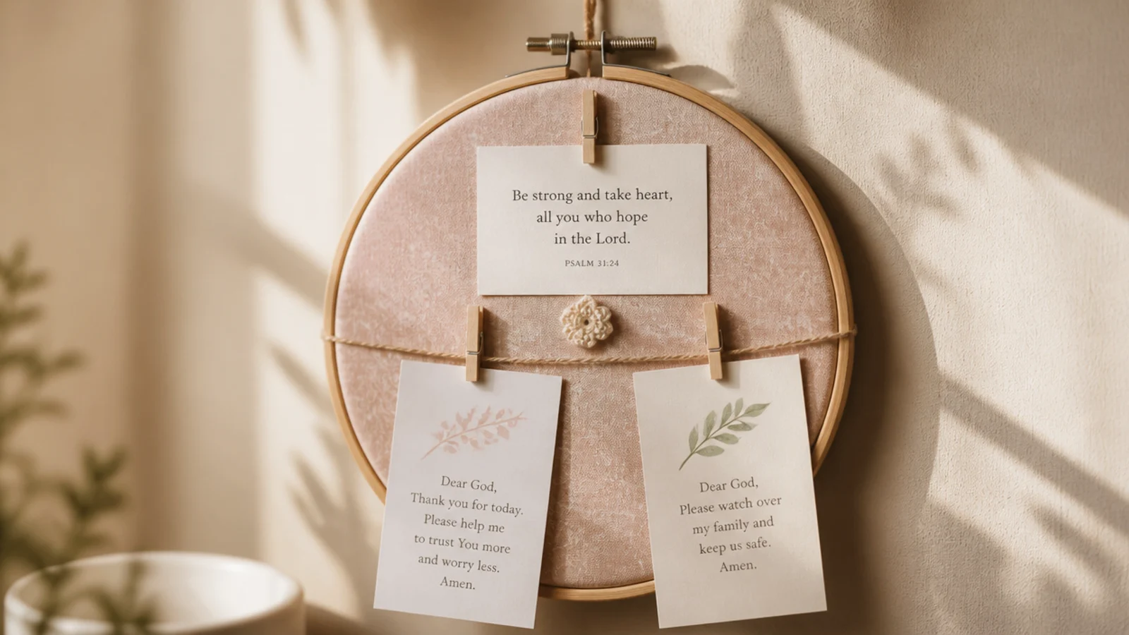 A small embroidery hoop with pastel fabric holding a tiny verse card and two clipped prayer cards.