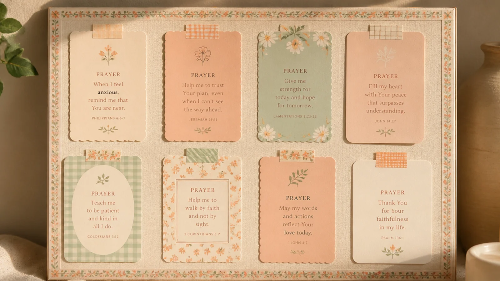 A small board with a cute washi-tape border framing pastel prayer cards in a tidy layout.
