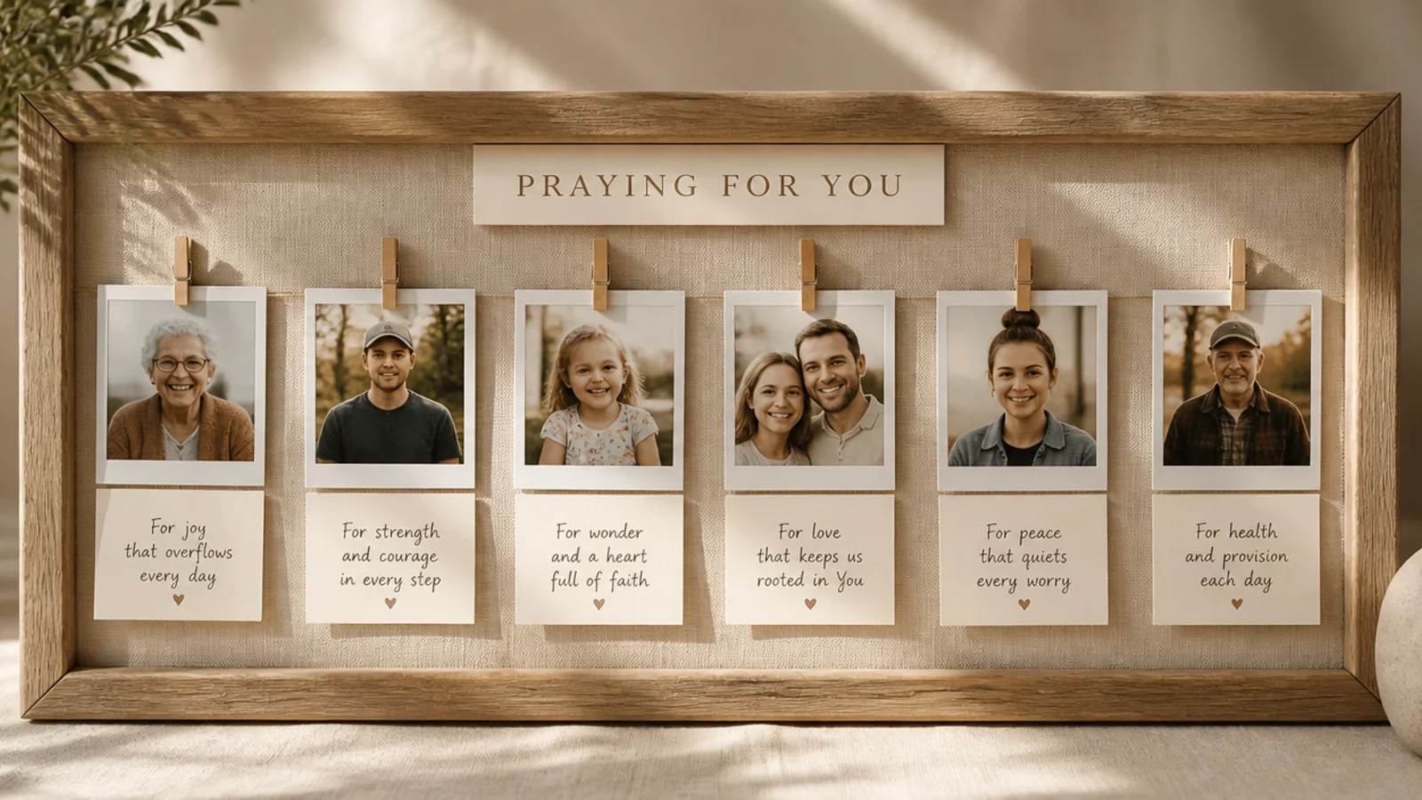 A board with instant-style photos of people clipped in a row, each with a tiny prayer note beneath.