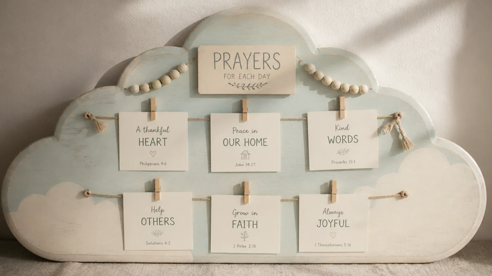 A board cut into a soft cloud shape in pale blue and cream, holding little prayer cards.