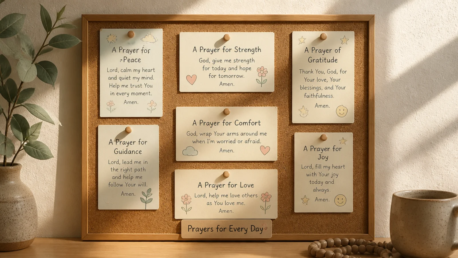 Prayer cards decorated with simple cute doodles - hearts, stars, little faces - in pastel ink.