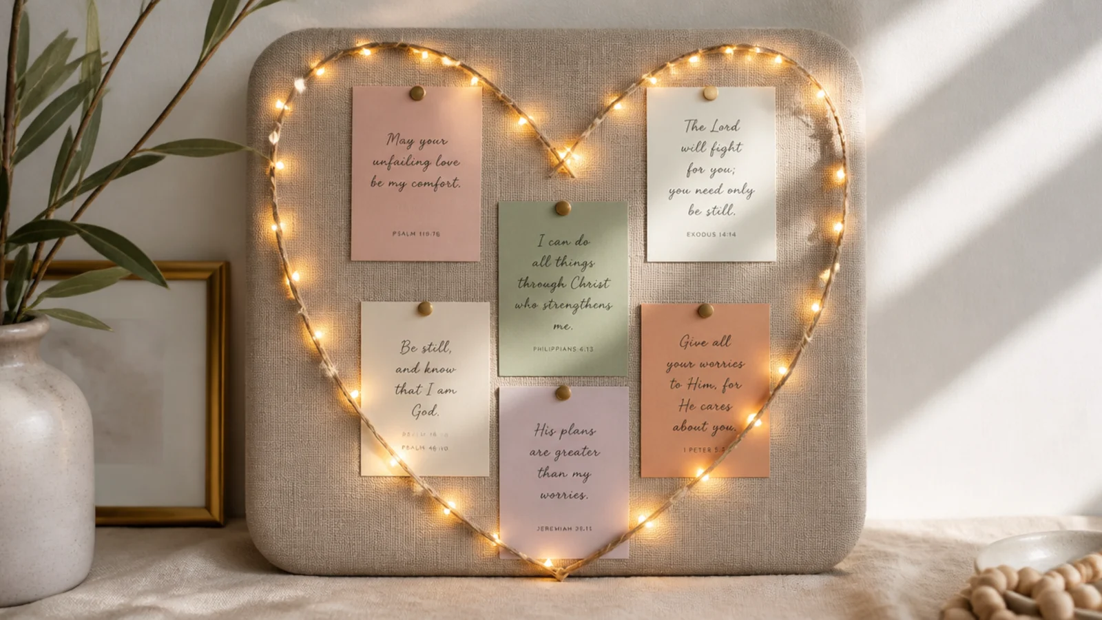 A small board with warm fairy lights shaped into a heart around pastel prayer cards.