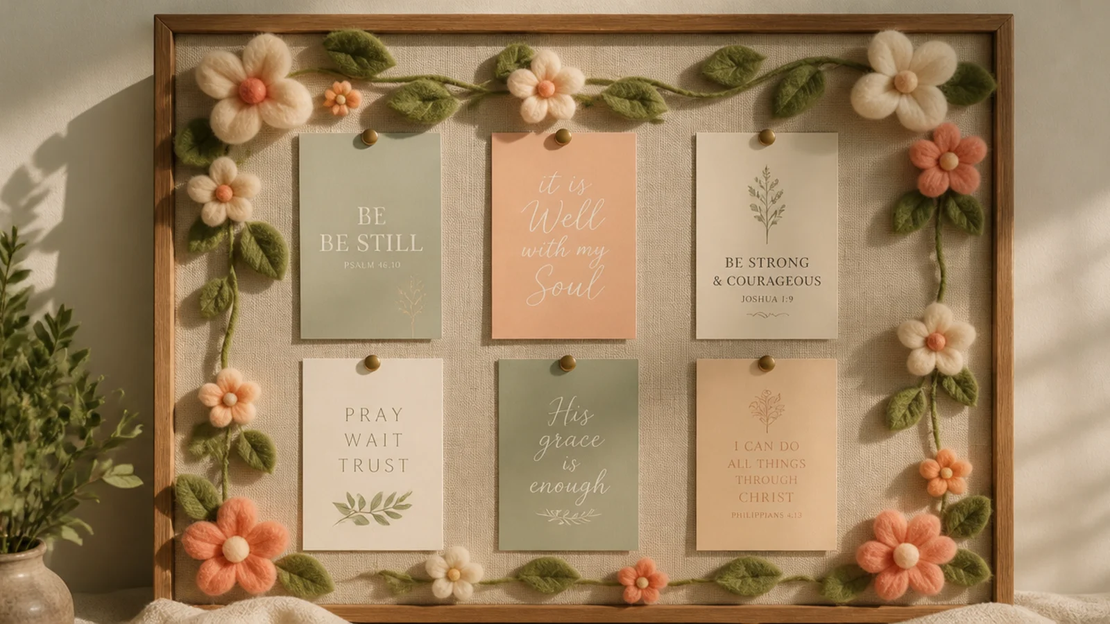 A board decorated with little felt flowers in soft colors framing pastel prayer cards.