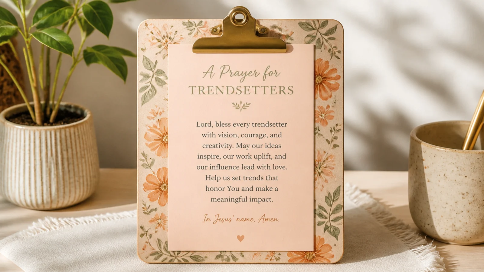 A small decorated clipboard holding a pastel prayer page, propped on a desk.