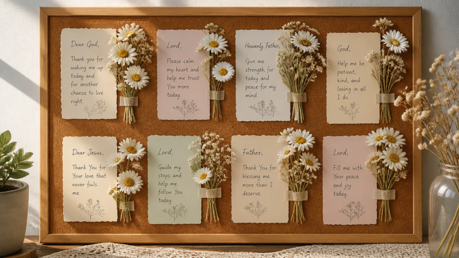 A board with real pressed daisies tucked among delicate handwritten pastel prayer cards.