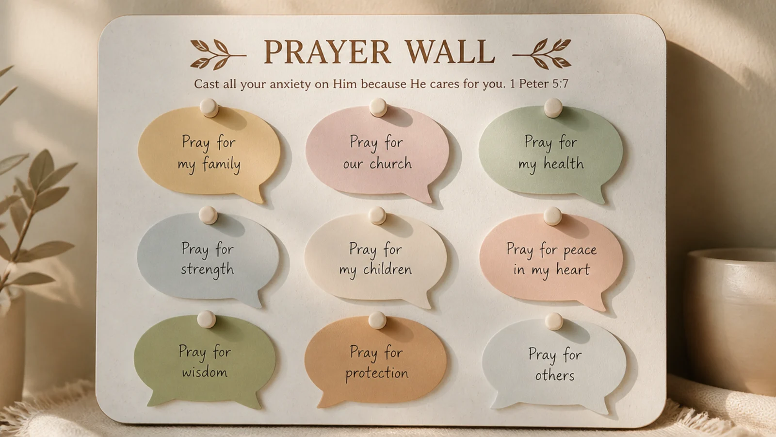 Prayer cards cut into cute speech-bubble shapes in pastel colors on a small board.
