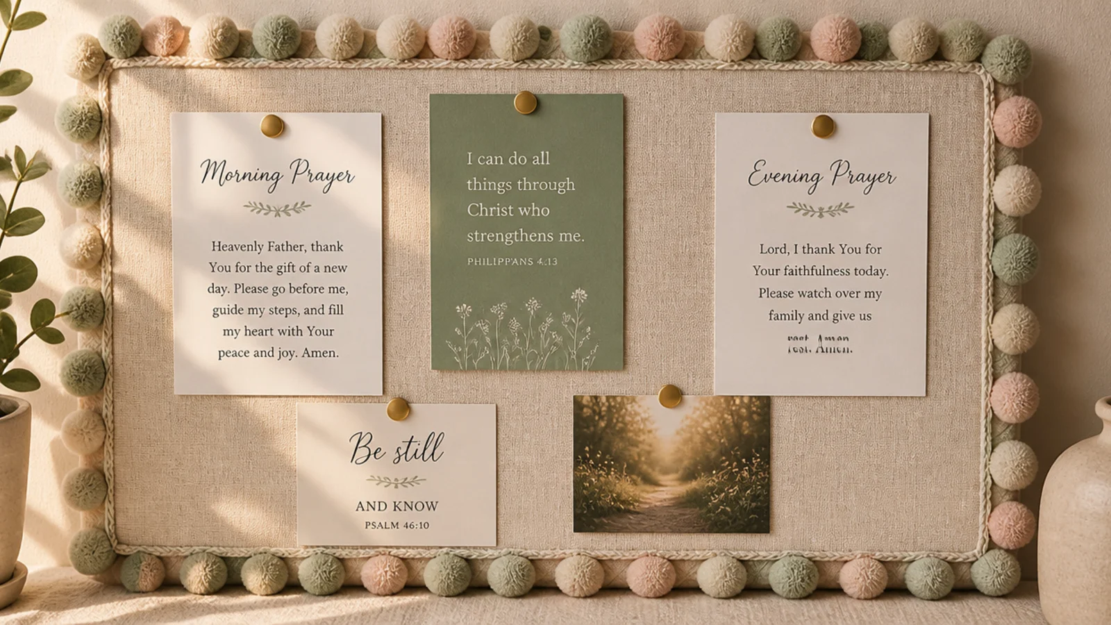 A small board edged with a soft pastel pom-pom trim framing prayer cards.