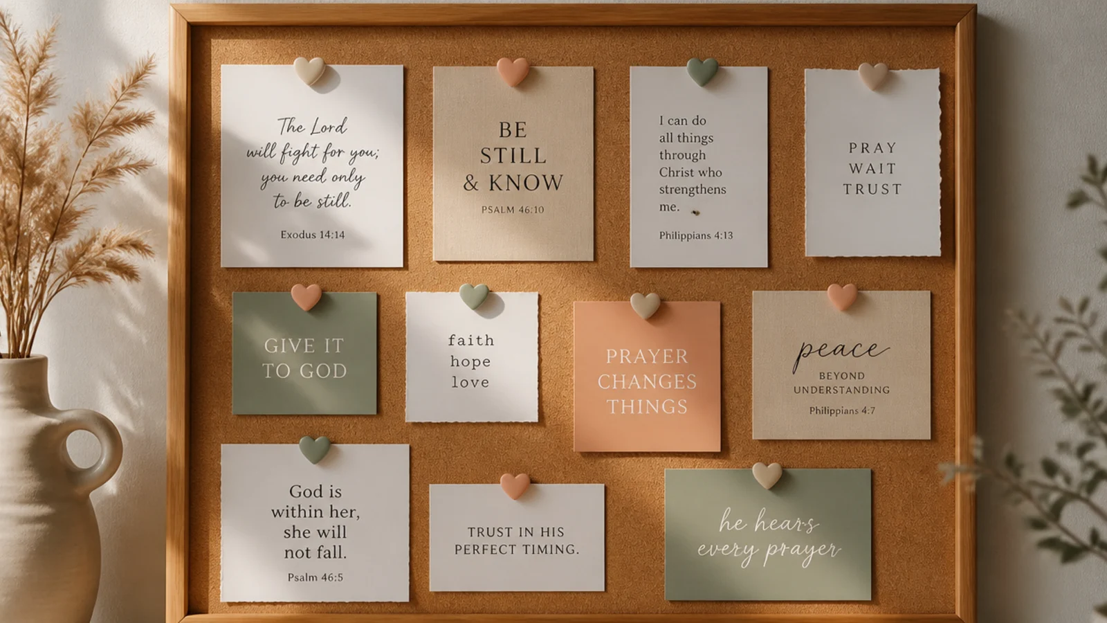 A board where cards are pinned with cute little heart-shaped pushpins in pastel colors.