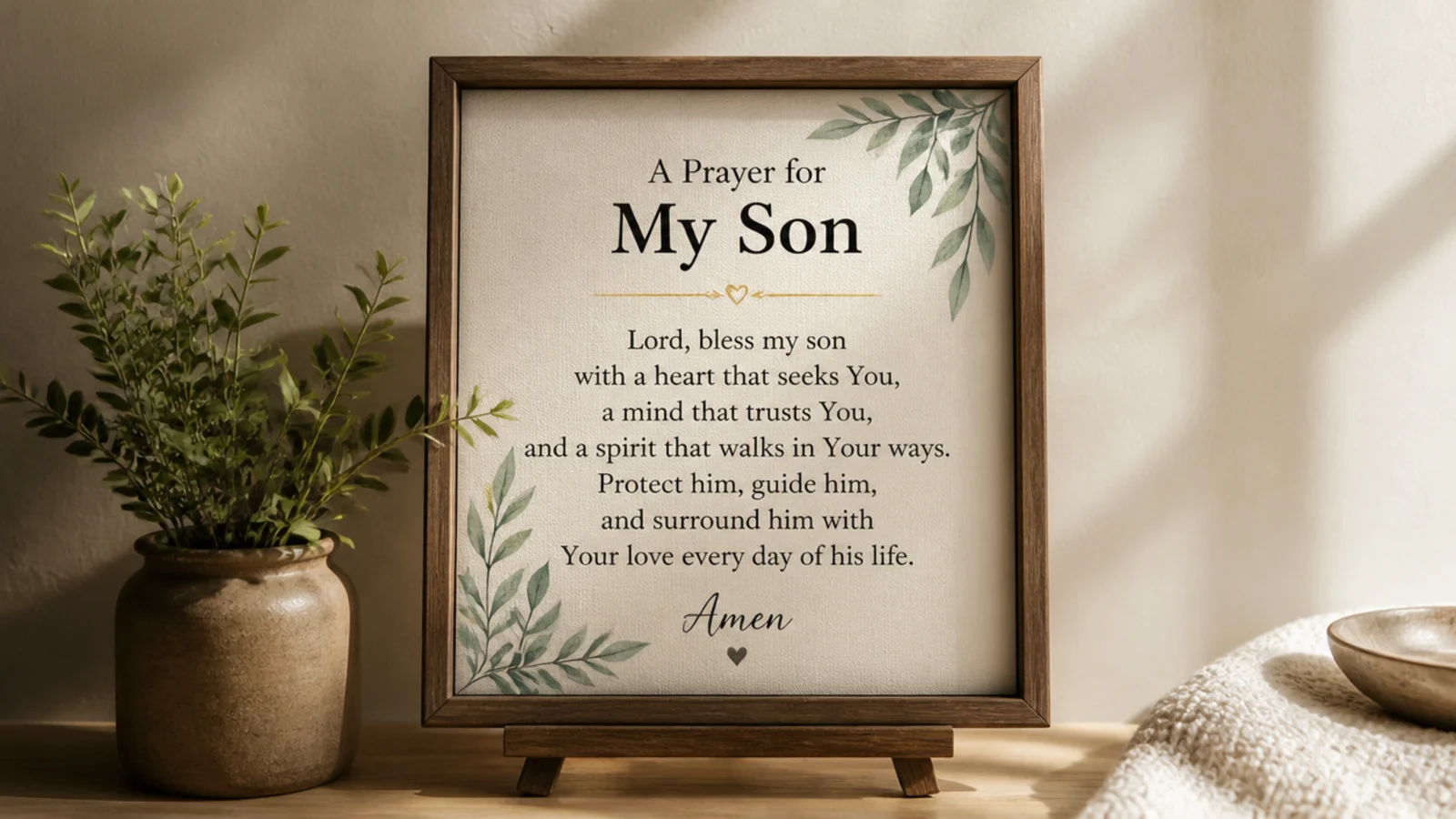 A tiny framed prayer board propped on a little wooden easel beside a small plant on a desk.