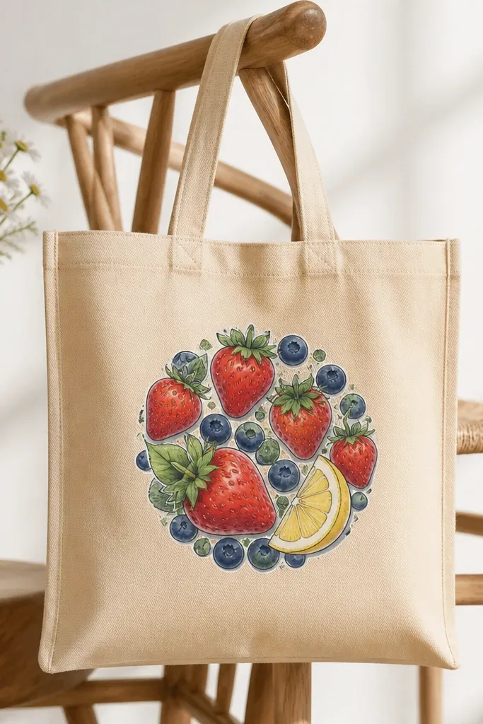 A light tan tote with a circular cluster of painted strawberries, blueberries, and a small lemon slice, each fruit outlined and shaded. The cluster sits in the center like a sticker.