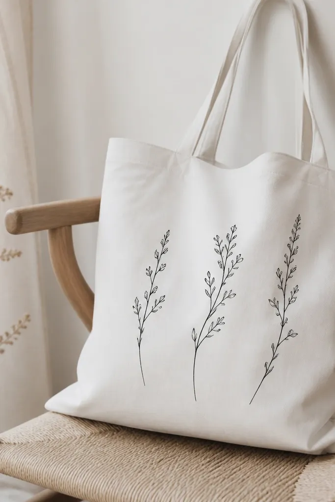 A white tote with three long sprigs painted in black: thin stems, small leaves, and tiny buds. The lines taper at the ends and look like hand-drawn ink.