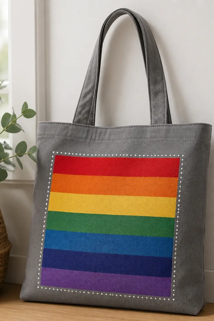 A gray tote with seven horizontal rainbow blocks from red to violet. Around the blocks is a stitched-looking border made of small white dots.