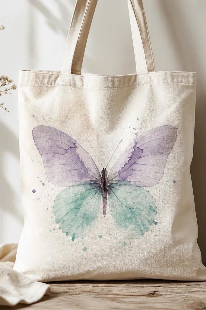 A cream tote with a large butterfly centered on the front. The wings are translucent watercolor-like washes in lavender and teal, with tiny paint splatter around the wings.