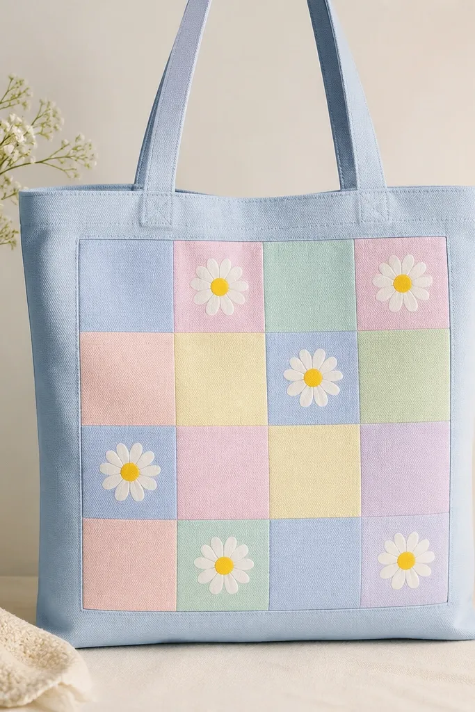A light blue tote with a 4x4 pastel checkerboard panel on the front. In the center of several squares are small white daisies with yellow centers.