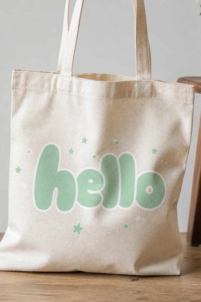 A natural canvas tote with the word "hello" painted in thick mint bubble letters. A thin white outline surrounds each letter and small star dots float around.