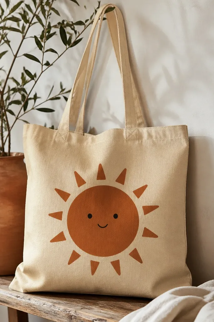 A sand-colored tote featuring a terracotta sun circle with short triangular rays. The face has two dark dot eyes and a small curved smile.