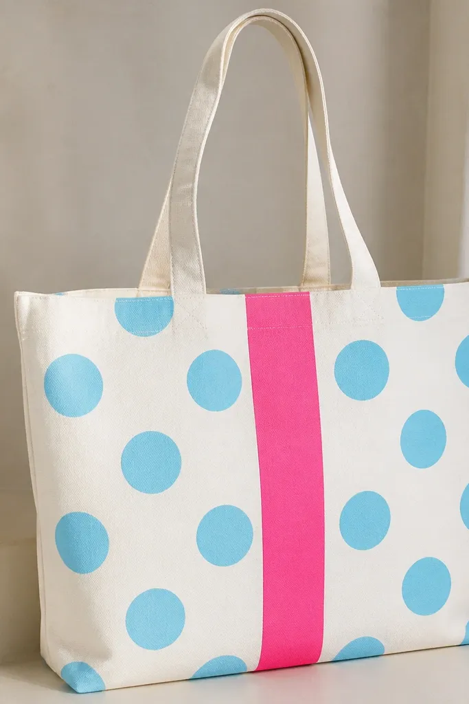 A white tote with large sky-blue polka dots across the front. One vertical stripe in hot pink runs through the center, cutting the dot pattern.
