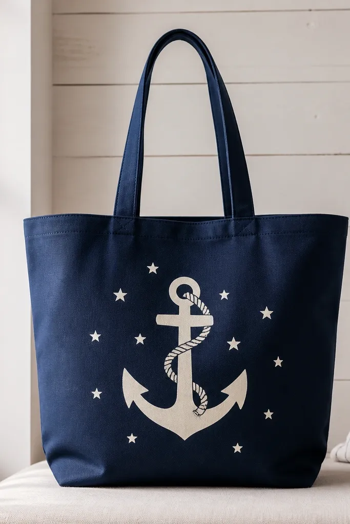 A navy tote with a cream anchor centered below the handles. A rope line wraps around the anchor top, and small white stars scatter around the anchor.