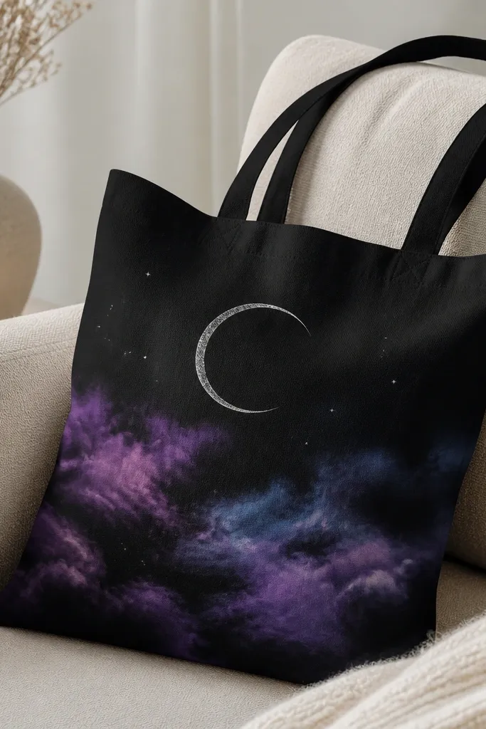 A black tote with soft galaxy clouds in purple and blue. A silver moon outline sits above the clouds, with a few tiny star dots.
