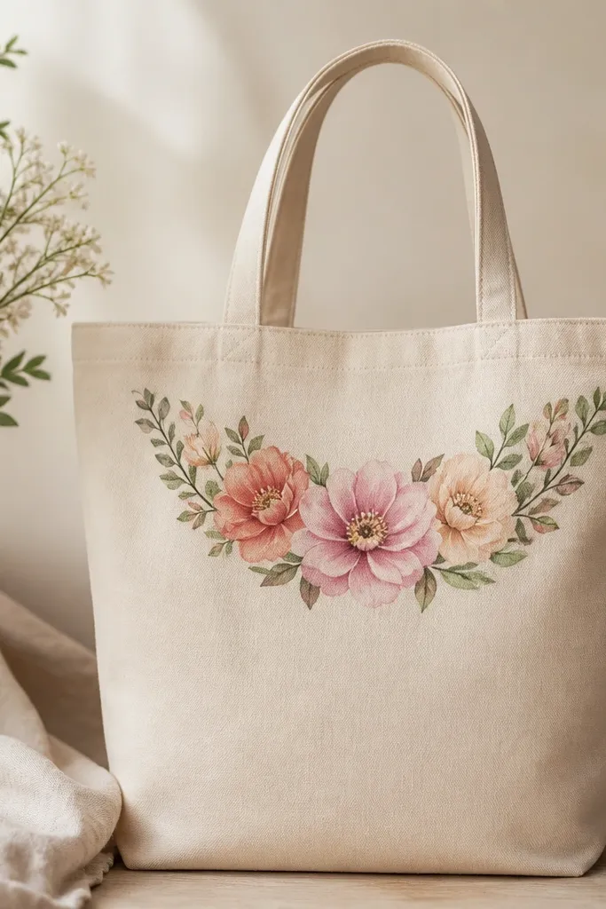 A natural tote with a curved flower crown across the top front. Three layered blooms in pink, coral, and peach sit in the center with small green leaves.