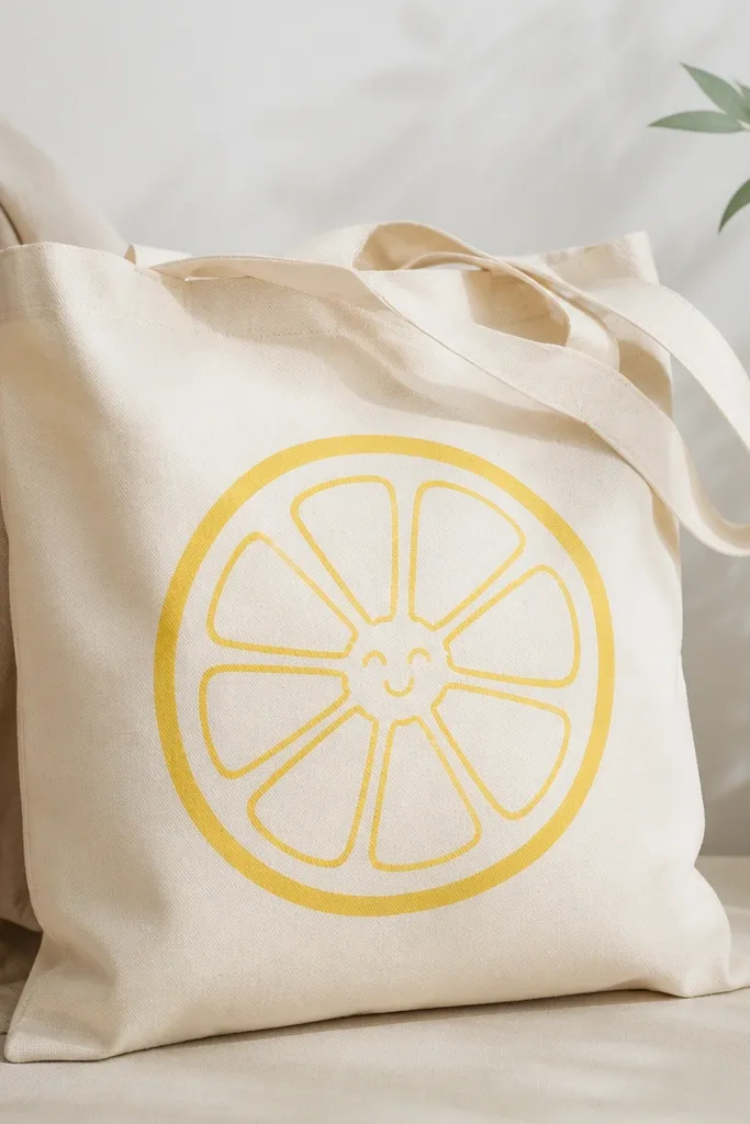 A cream tote with a big yellow lemon slice outline. Inside the slice are curved segment lines and a small face with closed eyes and a grin.