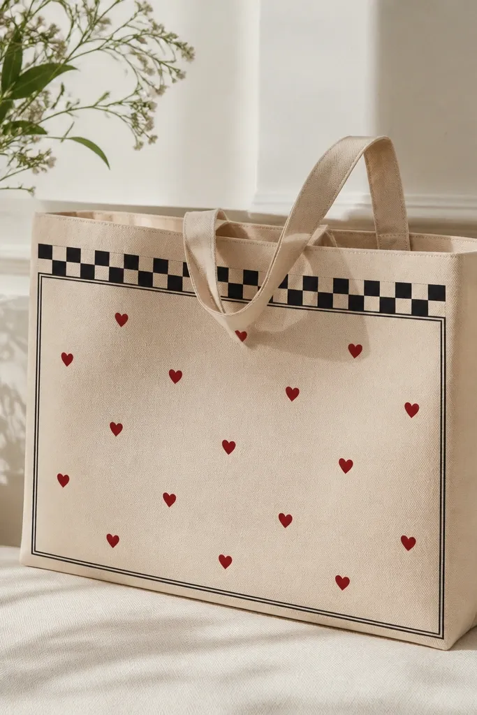 A beige tote with a border around the front panel: alternating black and white squares on the top edge and a thin stripe. Tiny red hearts float inside the border.