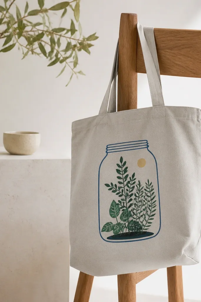 A light gray tote with a rounded jar painted in clear blue outline. Inside are layered plants in green, plus a tiny soil mound and a small sun dot.