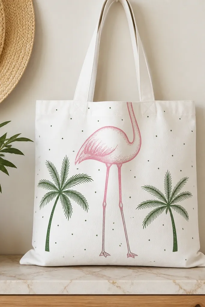 A white tote with two pink flamingo legs and a curved body sketch. Palm trees are drawn in green with simple fronds, and small dots fill the background.