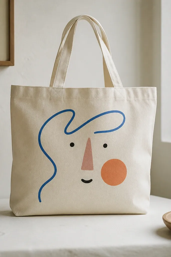 A cream tote with a simple face painted in bright shapes: orange cheek, blue hair sweep drawn as one continuous line, and a small nose triangle. Eyes are two dots.