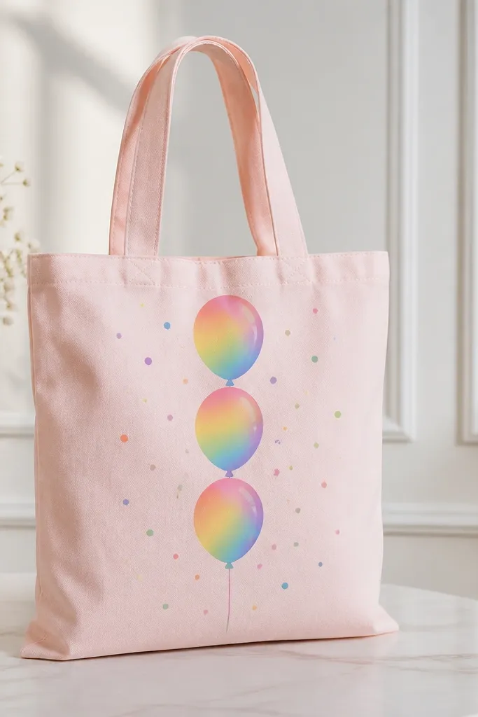 A light pink tote with three balloons stacked vertically. Each balloon has a rainbow ombre fill, strings hang down in thin gray lines, and confetti dots scatter around.