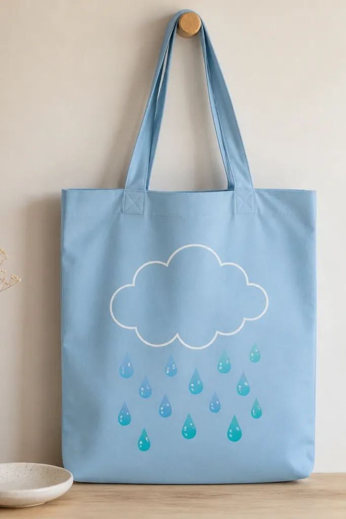 A sky-blue tote with a white cloud outline. Under it are raindrops filled with a gradient from light blue to teal, with a few tiny bubbles painted in white.