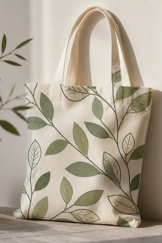 A cream tote with dark green stems and leaf outlines. Some leaves are filled in muted sage, others in dusty olive, and a few have tiny yellow veins.