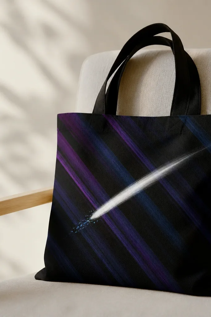A black tote with diagonal stripes in deep navy and purple. A white comet streak crosses the center with a small tail of light blue dots.