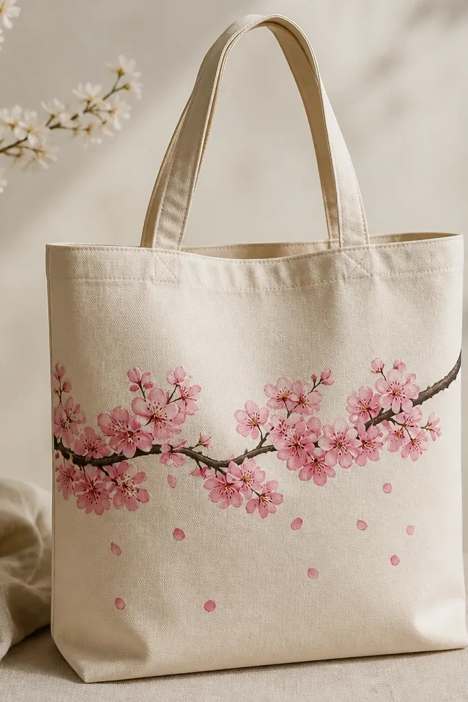 A beige tote with a dark brown branch line across the middle. Pink blossom clusters sit on the branch and small petal shapes float downward.