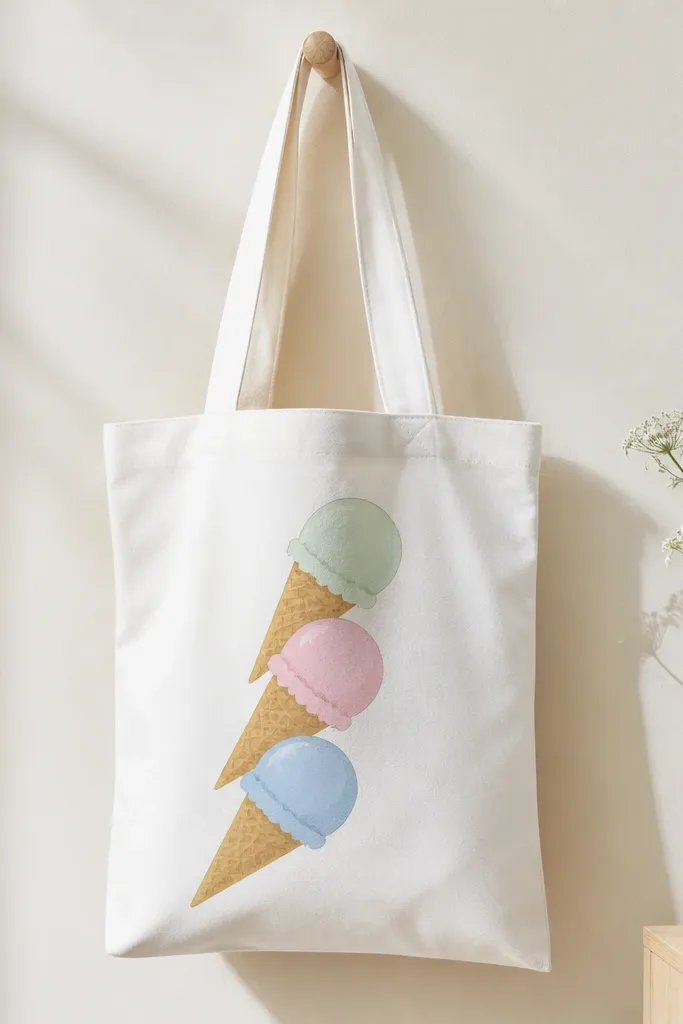 A white tote with three ice creams stacked diagonally. Each scoop has a different pastel color, and waffle cones have tiny crisscross lines.