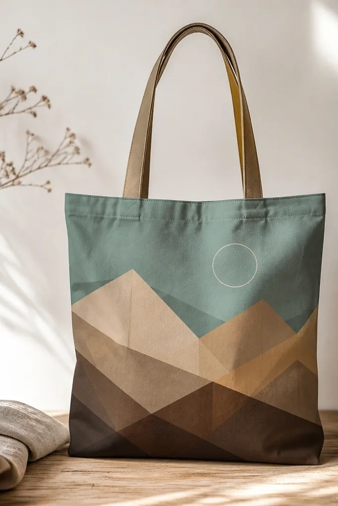A tan tote with layered geometric mountains in muted browns and a teal sky made of triangles. A thin white sun circle sits above the peaks.