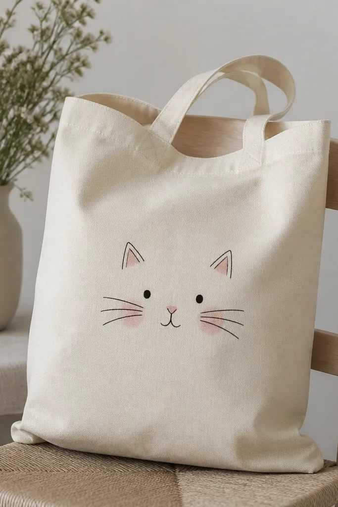 A cream tote with a small cat face centered: pink nose, black whiskers drawn as three curved lines each side, and simple triangle ears. The cheeks have faint blush circles.
