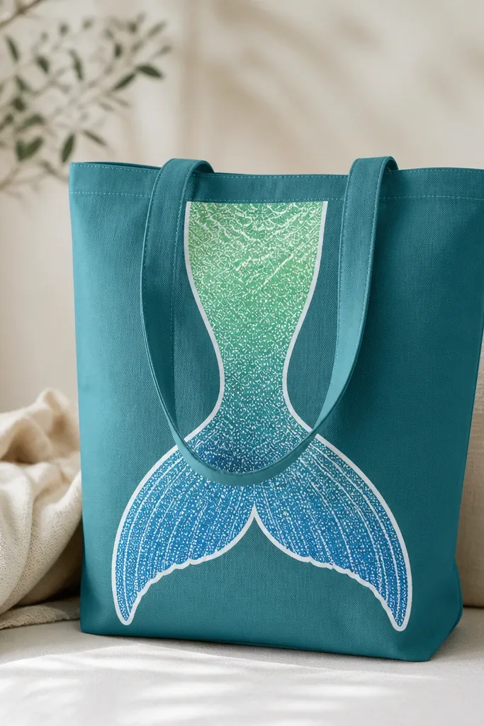 A teal tote with a mermaid tail painted in gradient green to blue. The tail has scale patterns made from small overlapping dots, and a white outline around the whole tail.