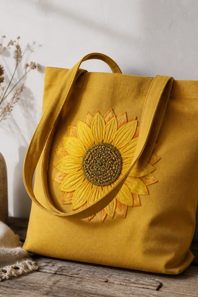 A mustard tote with a sunflower patch on the front. Petals are yellow layers with orange tips, and the center is a green-brown circle with tiny dot seeds.