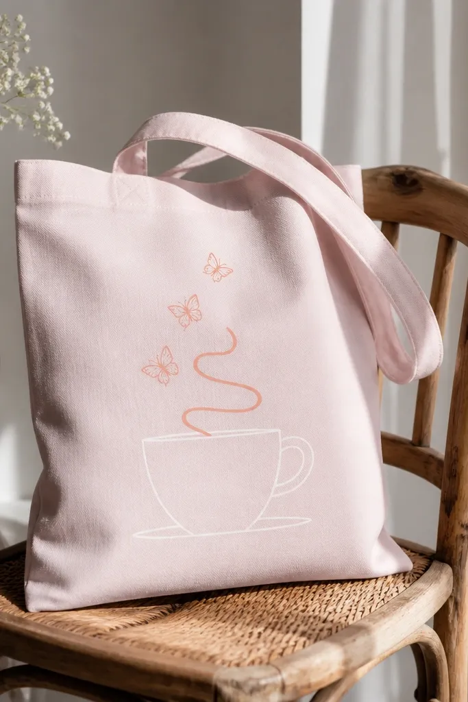 A pale pink tote with a white teacup outline and a warm peach steam swirl. Small butterfly doodles hover above the steam.