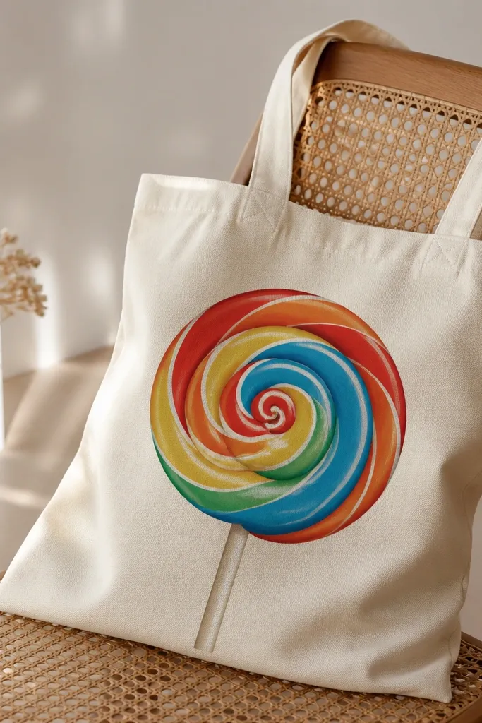 A cream tote with a large lollipop swirl. The swirl is red, orange, yellow, green, and blue twisted together, and there's a thin white highlight line running along one side.