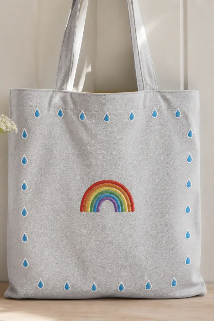 A light gray tote with a small rainbow arch centered. Around it is a border of tiny raindrops in blue, each raindrop outlined in white.