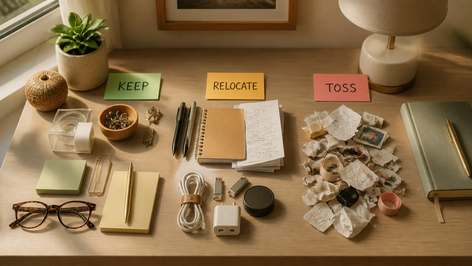 A desk drawer emptied completely onto the desktop, contents sorted into keep, relocate, and toss piles.