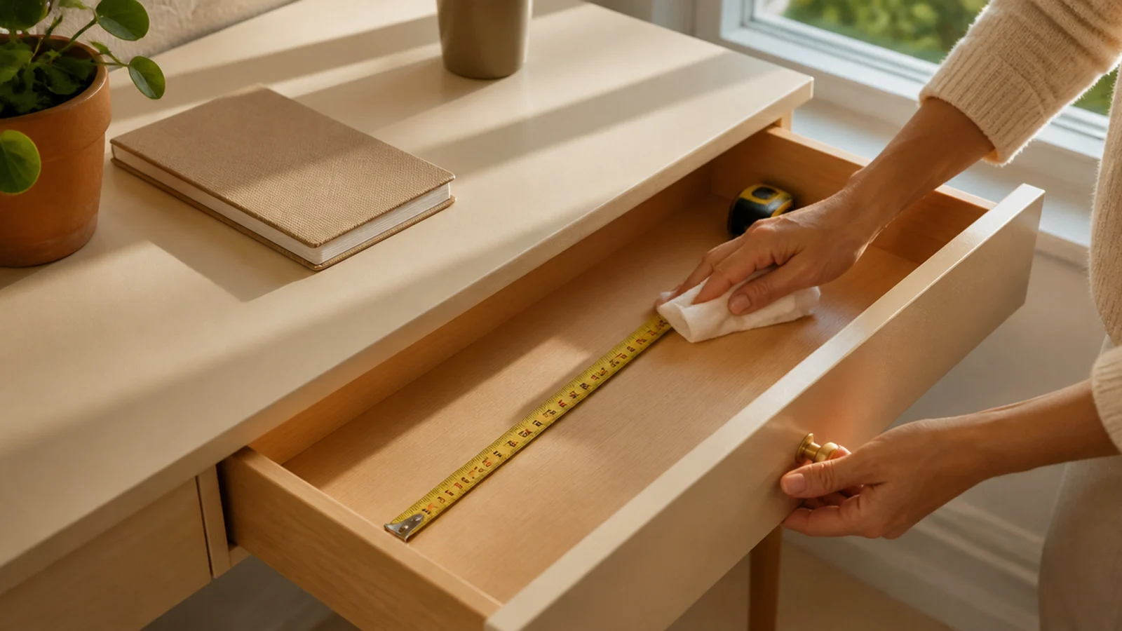 An empty desk drawer being wiped clean, with a tape measure laid across the interior to check its size.