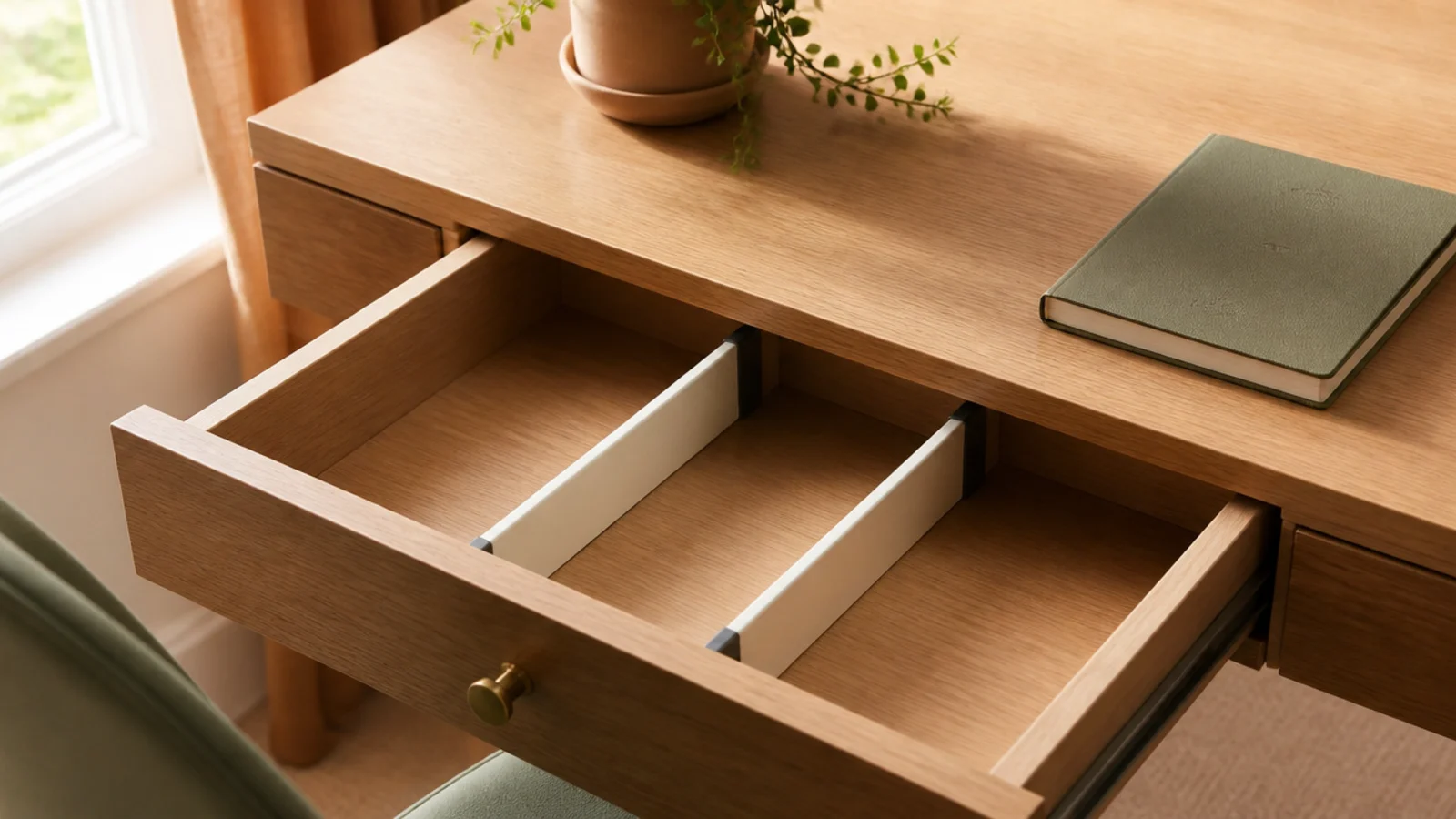 An empty desk drawer fitted with spring-loaded dividers creating three clean sections before items go in.