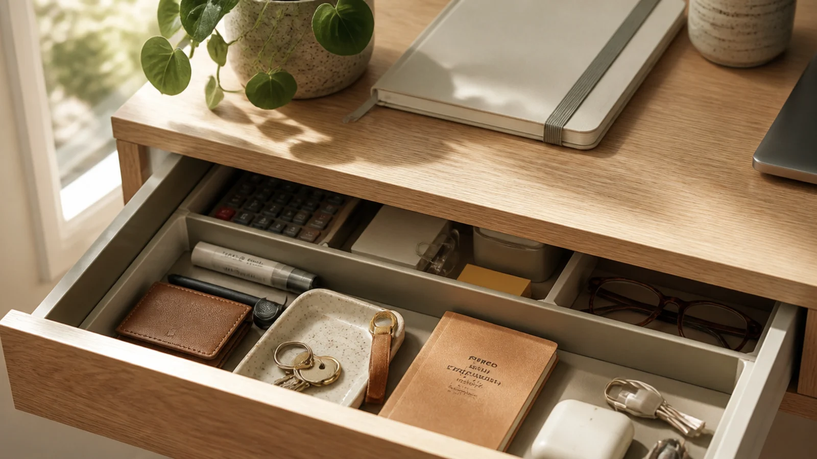 A divided desk drawer with daily items placed at the front and rarely-used supplies sorted toward the back.
