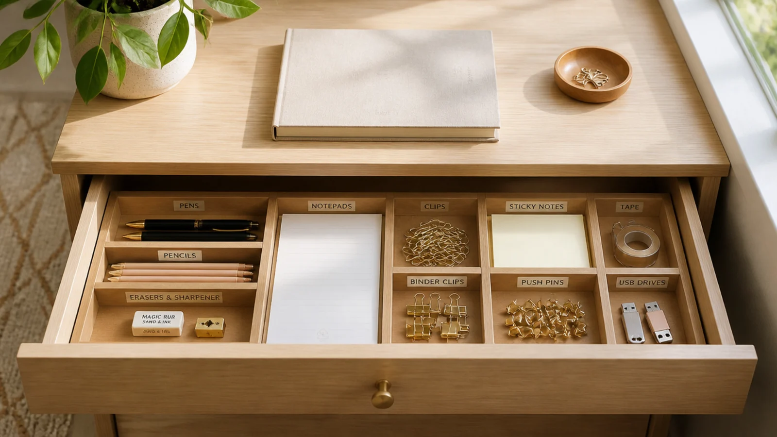 A finished organized desk drawer with small labels on each section, everything sorted, clean, and easy to see.
