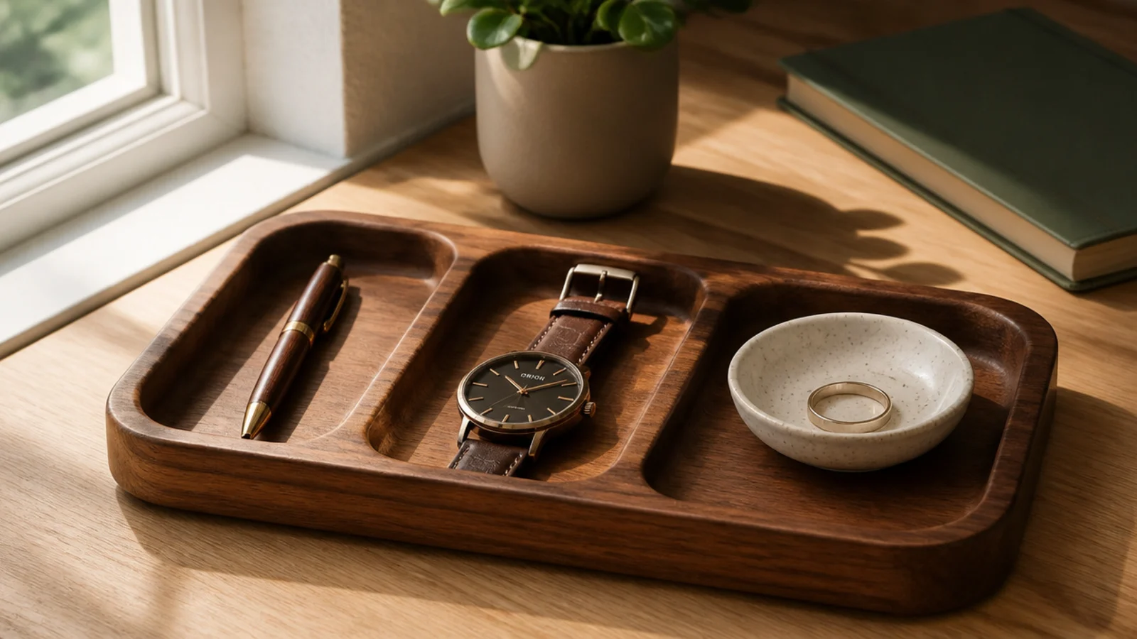 A warm wooden valet tray on a desk holding a pen, a watch, and a small dish in a composed grouping.