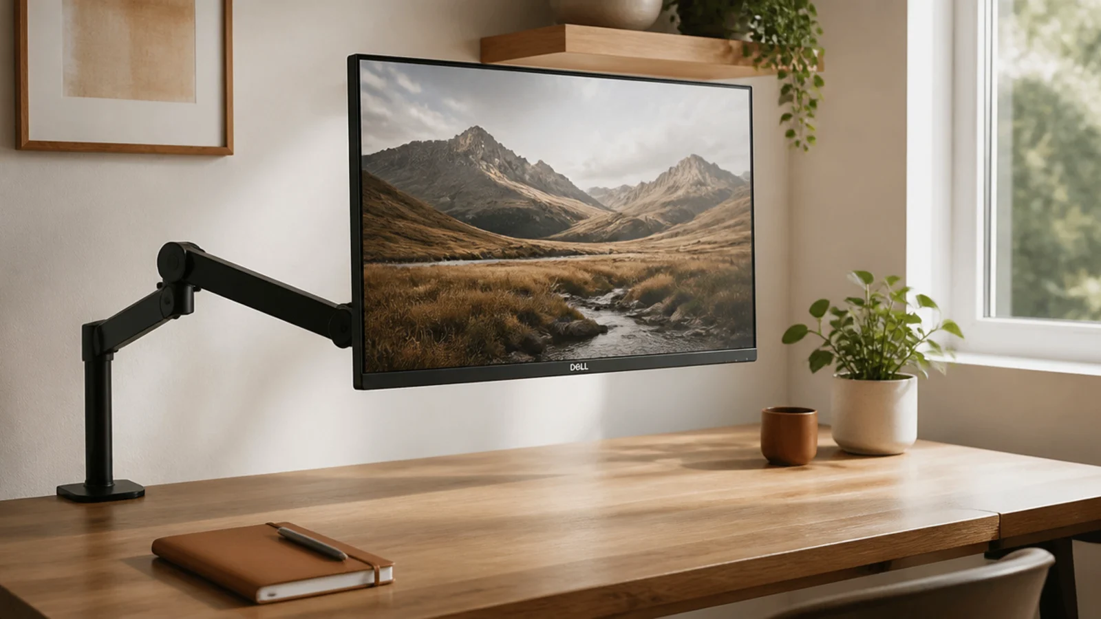A slim black monitor arm clamped to a desk, floating the screen and leaving the surface beneath completely clear.