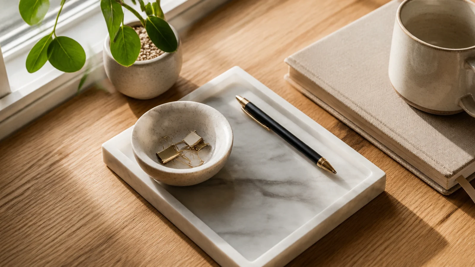 A small marble tray and a stone dish on a desk holding a pen and clips, cool tones against warm wood.